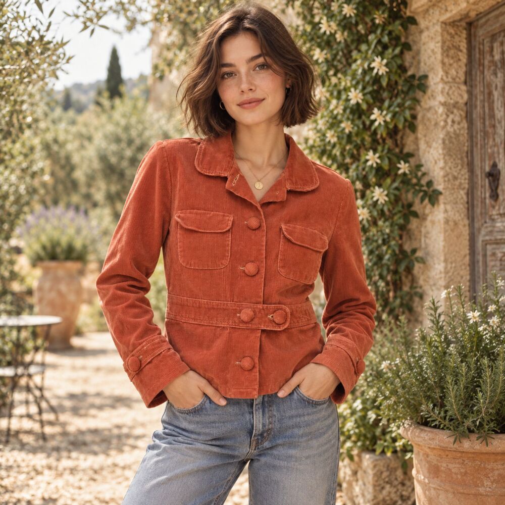 Tulle Womens L Rust Orange Corduroy Belted Jacket Button Front Y2K Fall